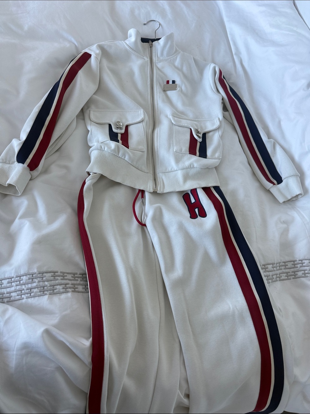 White Track Joggers with Red & Navy Side Stripes